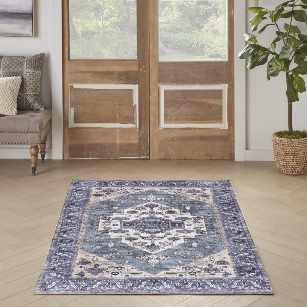 4" X 6" Blue and Beige Oriental Power Loom Distressed Washable Non Skid Area Rug