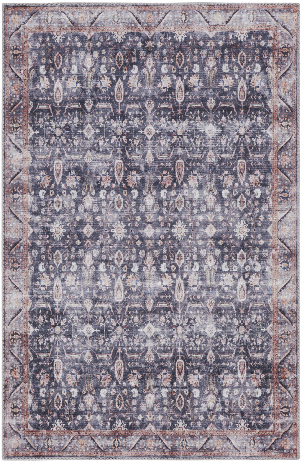 4 x 6 Blue and Ivory Oriental Power Loom Distressed Washable Non Skid Area Rug