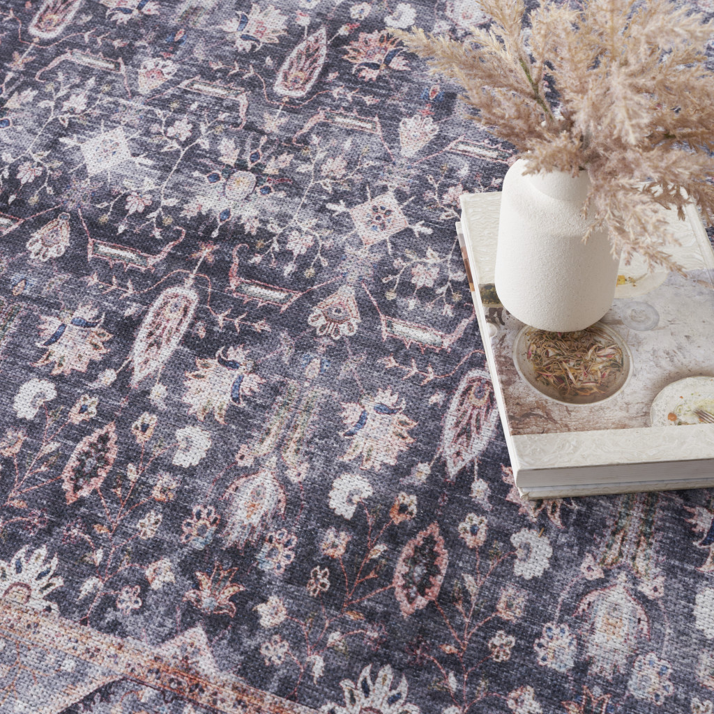 4 x 6 Blue and Ivory Oriental Power Loom Distressed Washable Non Skid Area Rug