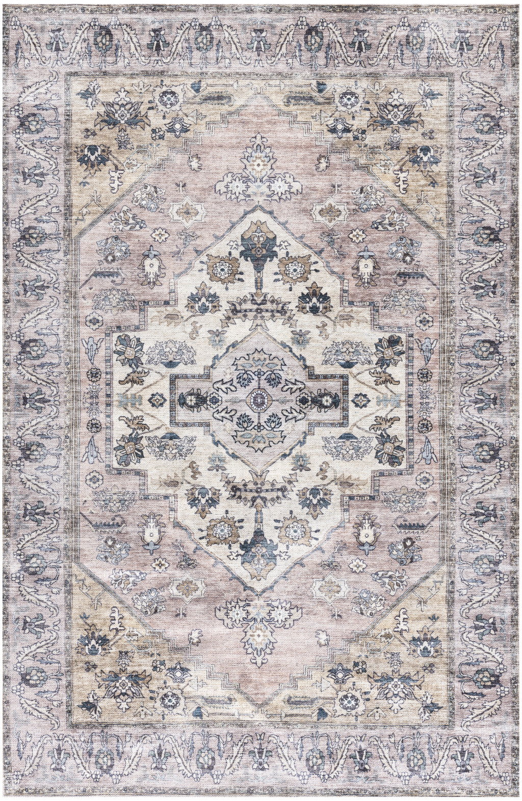 4 x 6 Pink and Blue Oriental Power Loom Distressed Washable Non Skid Area Rug