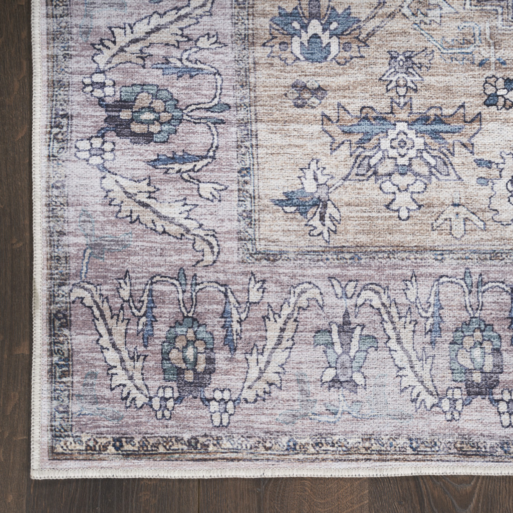 4 x 6 Pink and Blue Oriental Power Loom Distressed Washable Non Skid Area Rug