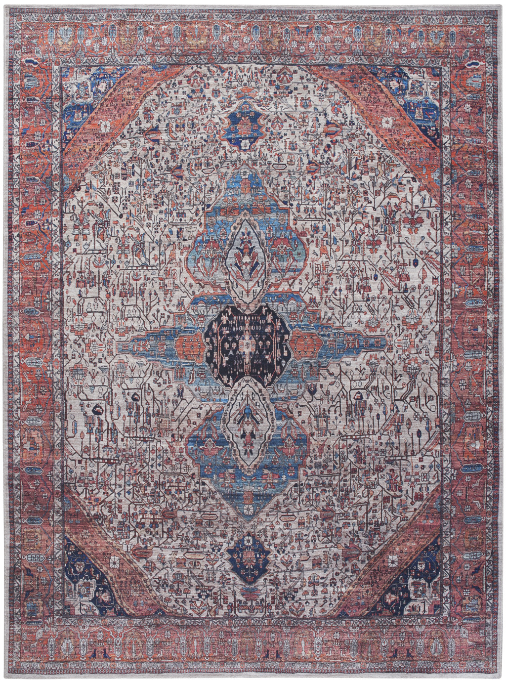 5 x 7 Red and Ivory Oriental Power Loom Distressed Washable Non Skid Area Rug
