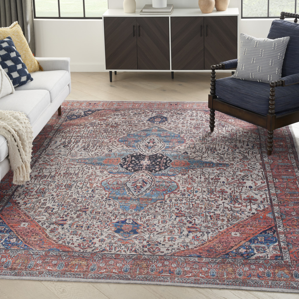 5" X 7" Red and Ivory Oriental Power Loom Distressed Washable Non Skid Area Rug