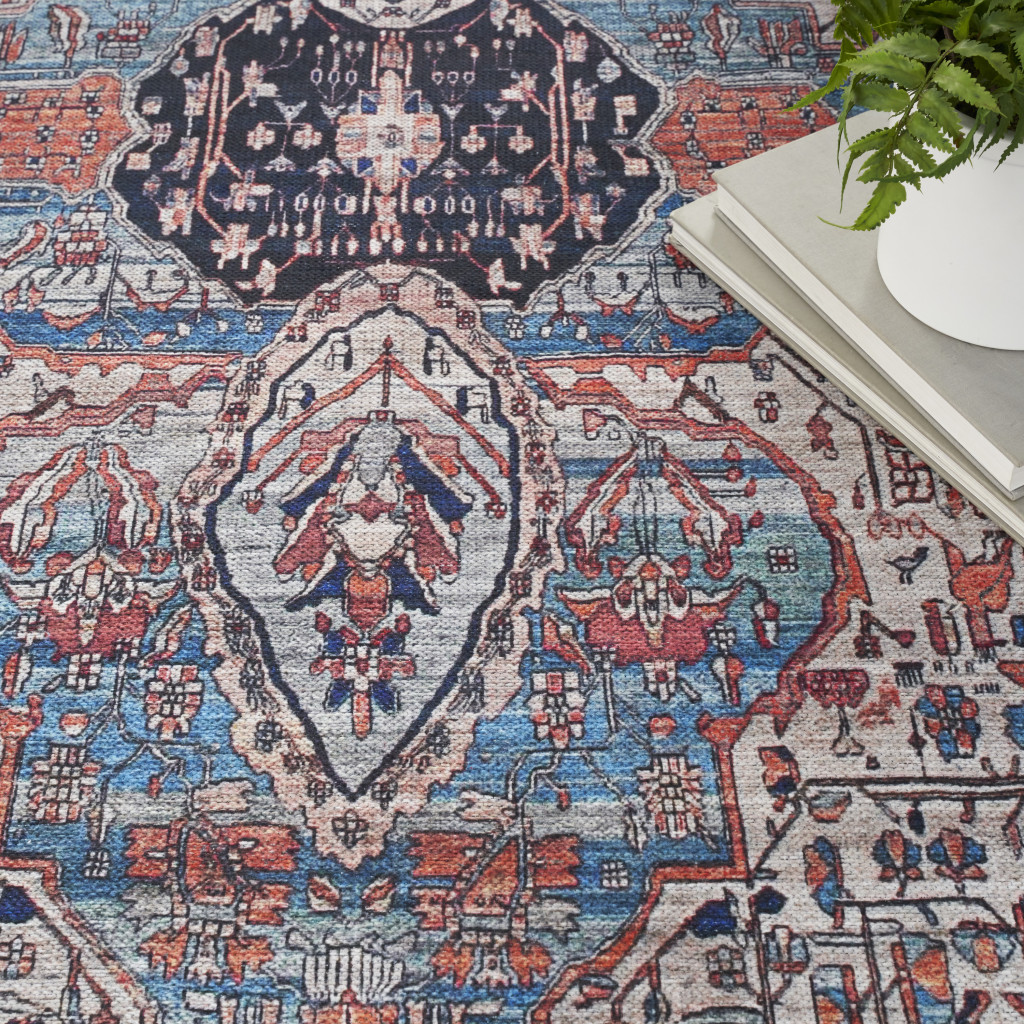 5" X 7" Red and Ivory Oriental Power Loom Distressed Washable Non Skid Area Rug