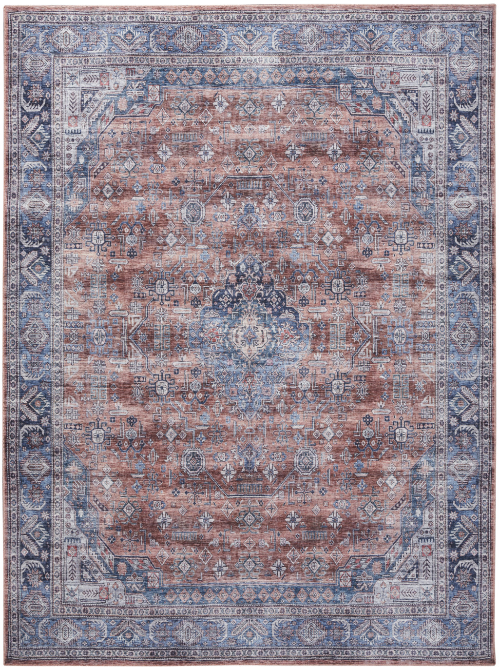 5" X 7" Blue and Red Oriental Power Loom Distressed Washable Non Skid Area Rug