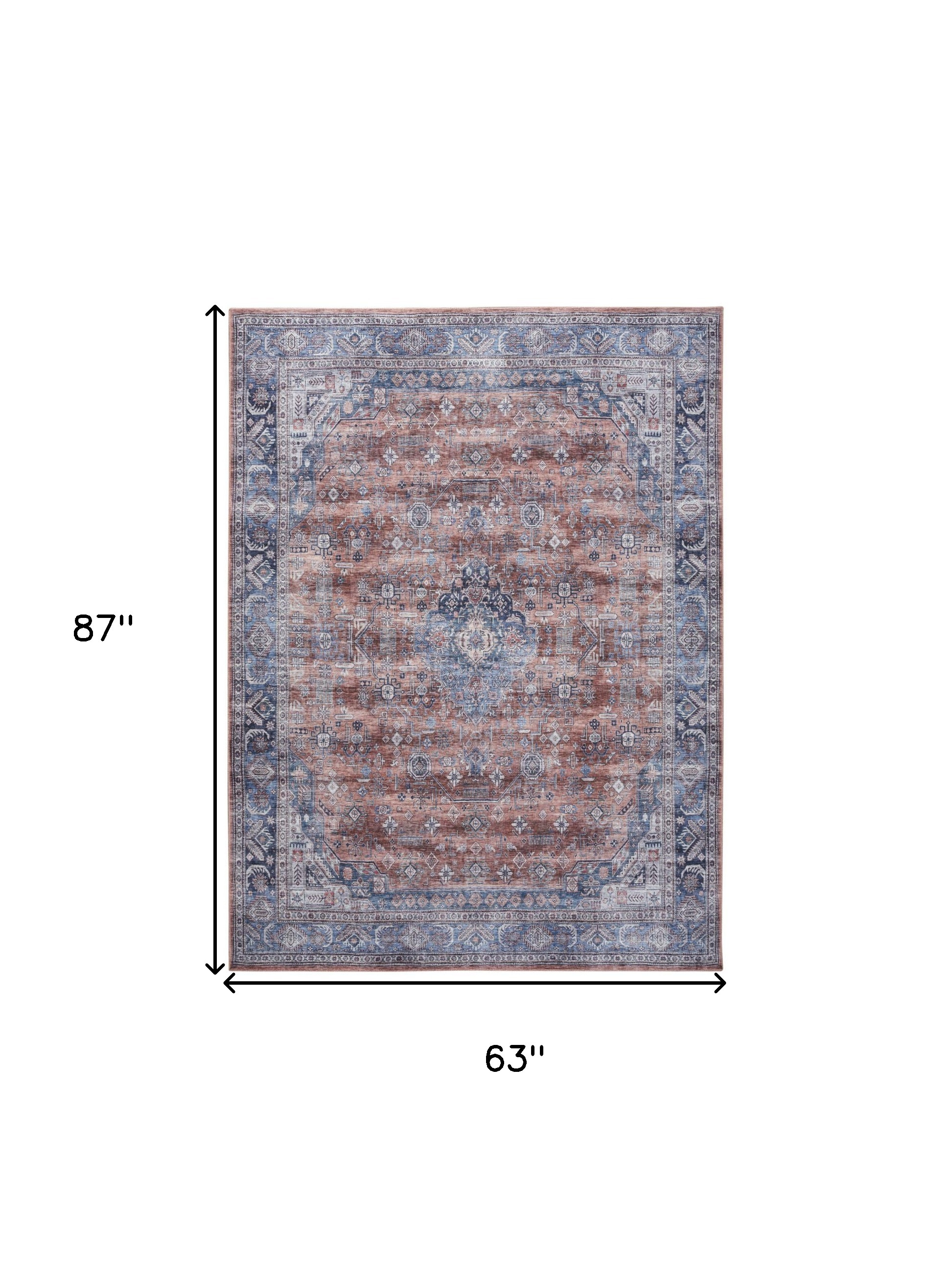 5" X 7" Blue and Red Oriental Power Loom Distressed Washable Non Skid Area Rug