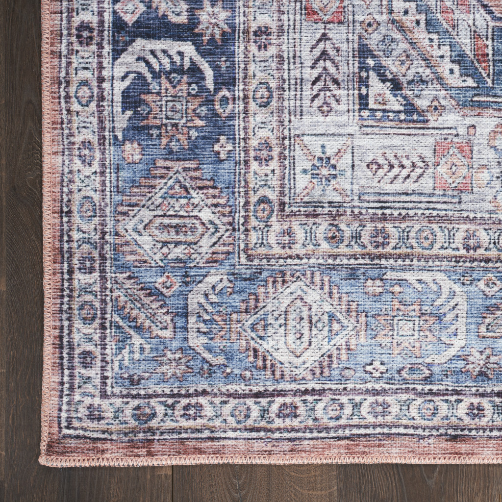 5" X 7" Blue and Red Oriental Power Loom Distressed Washable Non Skid Area Rug