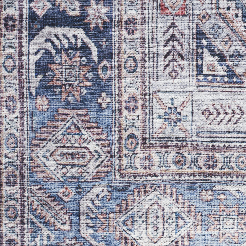 5" X 7" Blue and Red Oriental Power Loom Distressed Washable Non Skid Area Rug