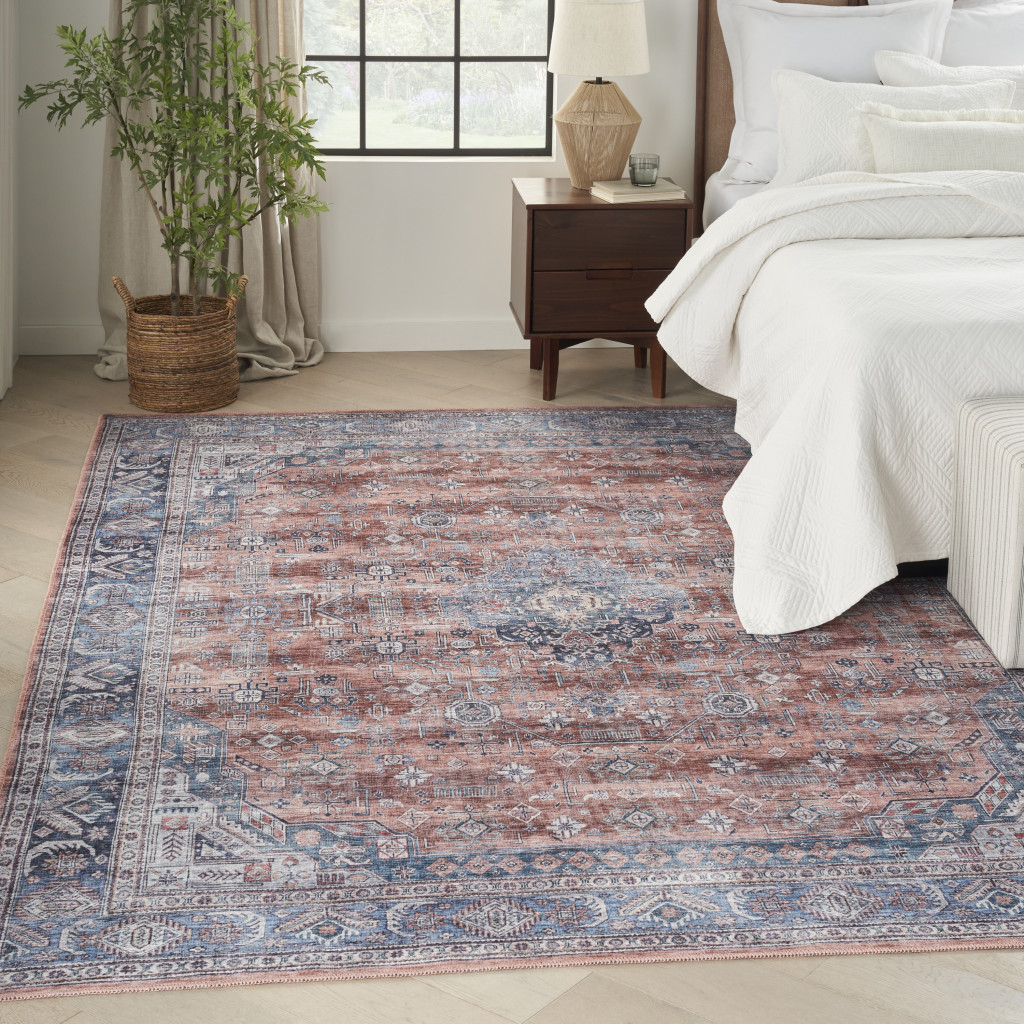 5" X 7" Blue and Red Oriental Power Loom Distressed Washable Non Skid Area Rug