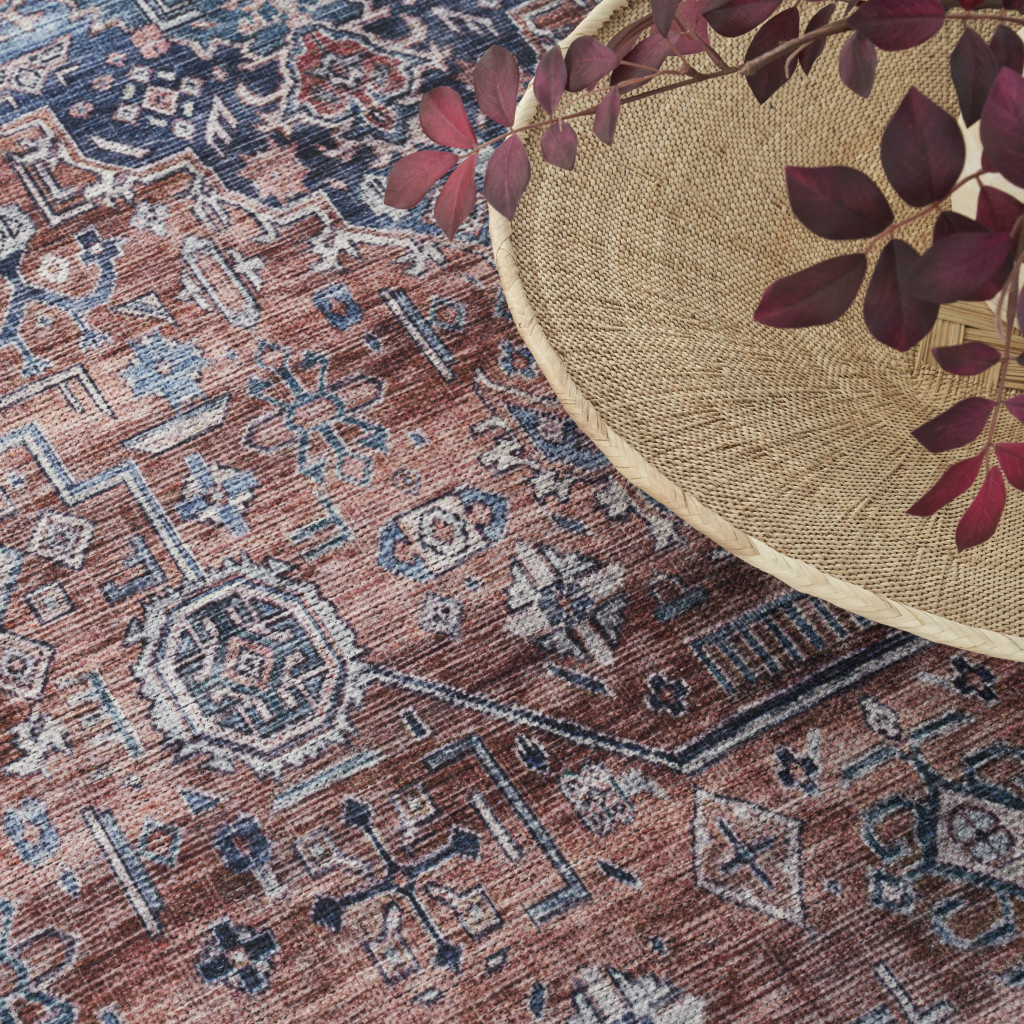 5" X 7" Blue and Red Oriental Power Loom Distressed Washable Non Skid Area Rug