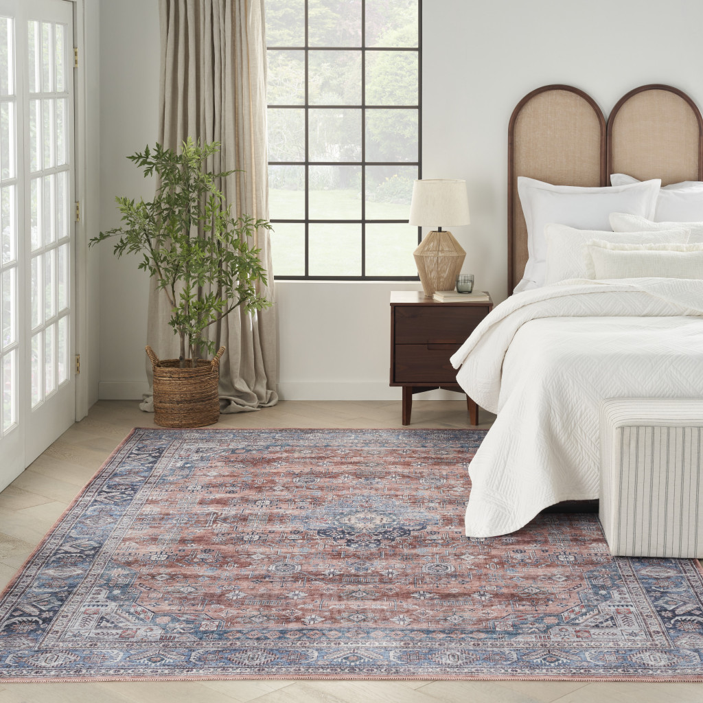 5" X 7" Blue and Red Oriental Power Loom Distressed Washable Non Skid Area Rug