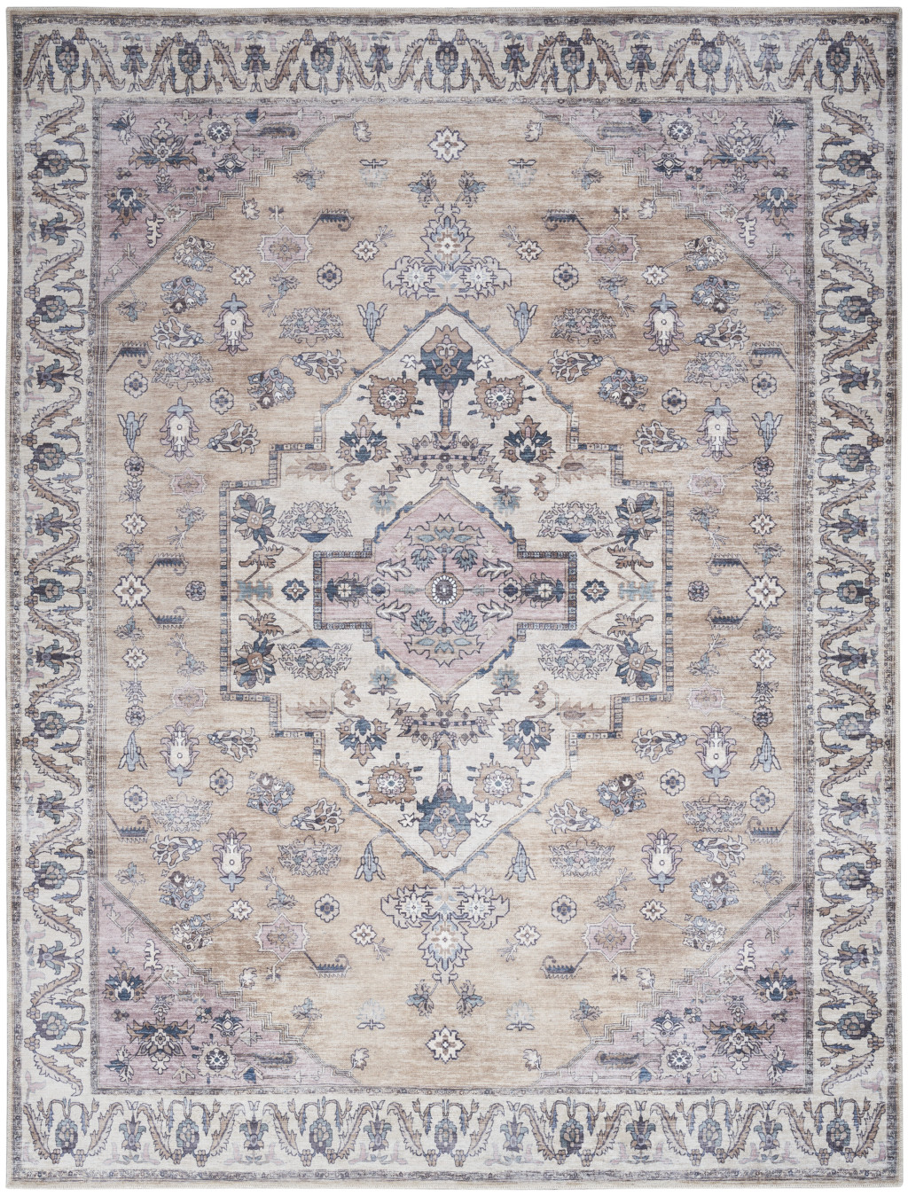 5 x 7 Beige and gray Oriental Power Loom Distressed Washable Non Skid Area Rug