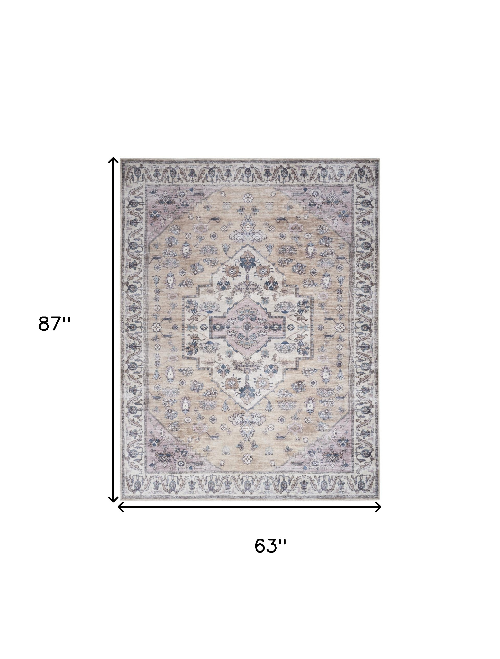 5" X 7" Beige and Gray Oriental Power Loom Distressed Washable Non Skid Area Rug