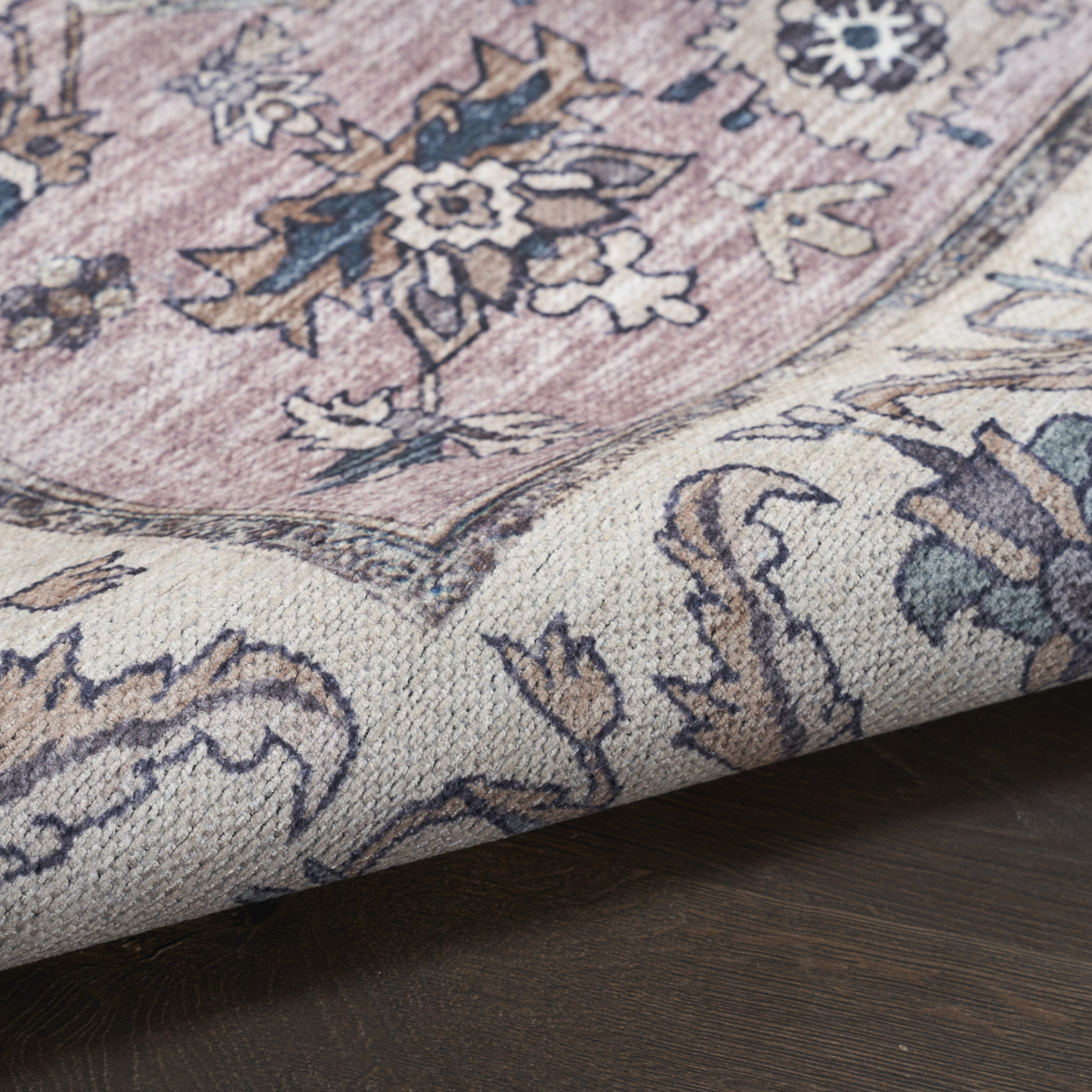 5" X 7" Beige and Gray Oriental Power Loom Distressed Washable Non Skid Area Rug