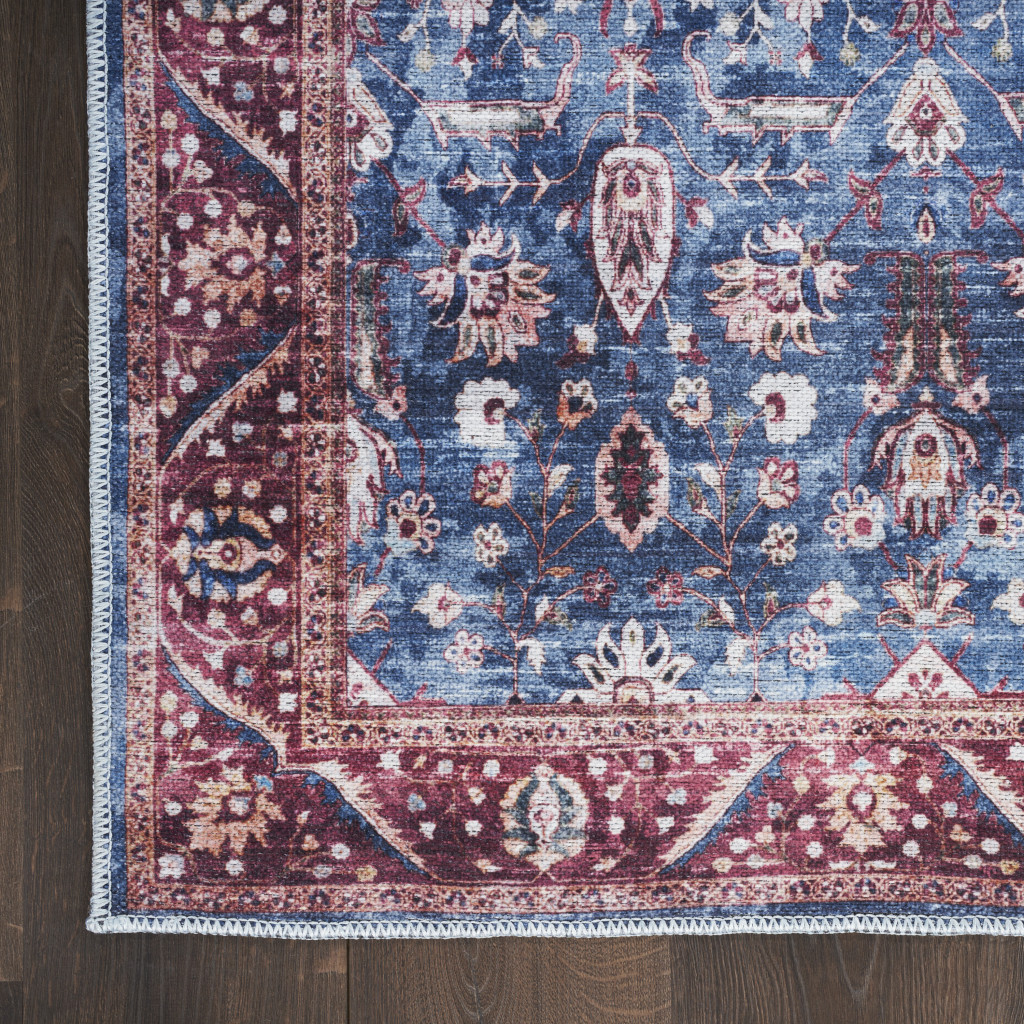 5" X 7" Blue and Red Oriental Power Loom Distressed Washable Non Skid Area Rug
