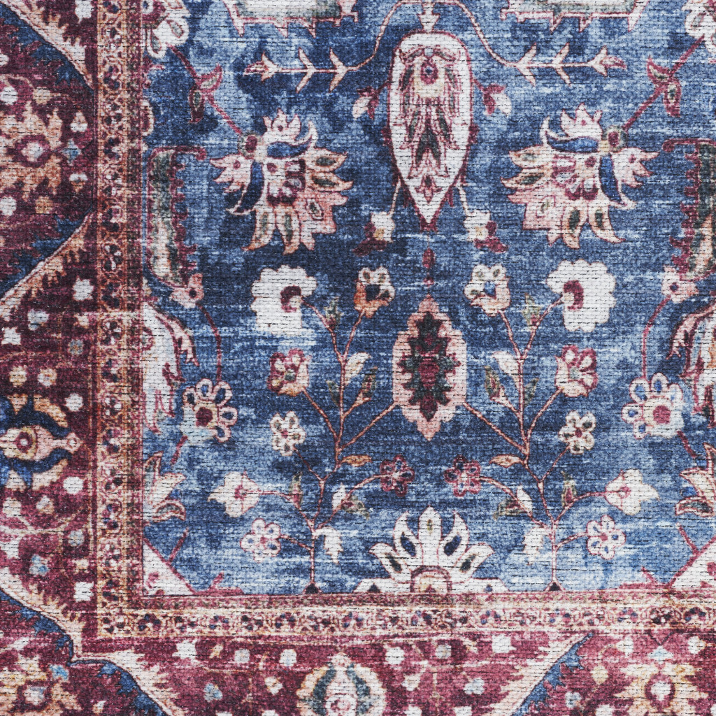 5" X 7" Blue and Red Oriental Power Loom Distressed Washable Non Skid Area Rug
