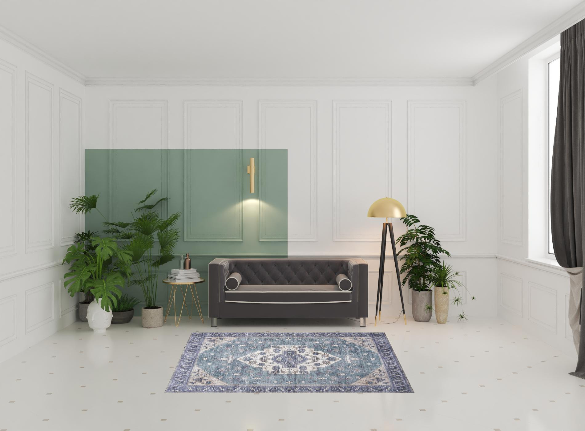 5 x 7 Blue and green Oriental Power Loom Distressed Washable Non Skid Area Rug