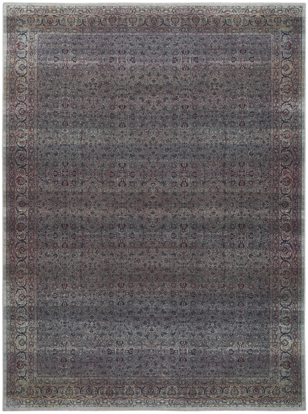 5" X 7" Blue and Brown Oriental Power Loom Distressed Washable Non Skid Area Rug