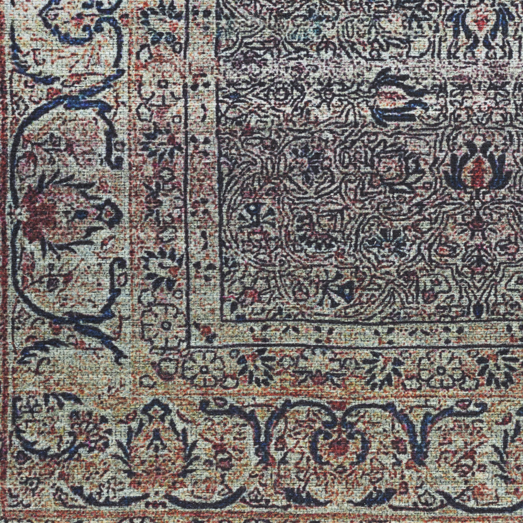 5" X 7" Blue and Brown Oriental Power Loom Distressed Washable Non Skid Area Rug