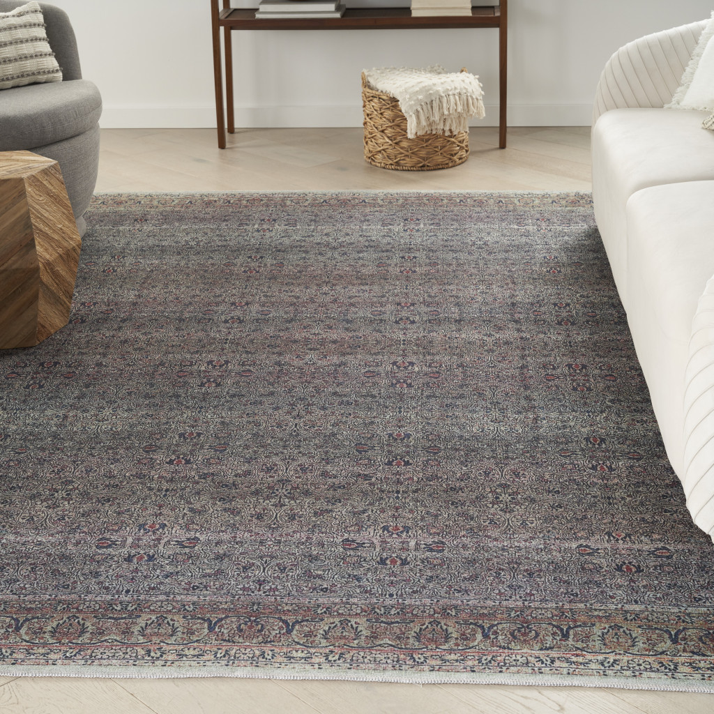 5" X 7" Blue and Brown Oriental Power Loom Distressed Washable Non Skid Area Rug