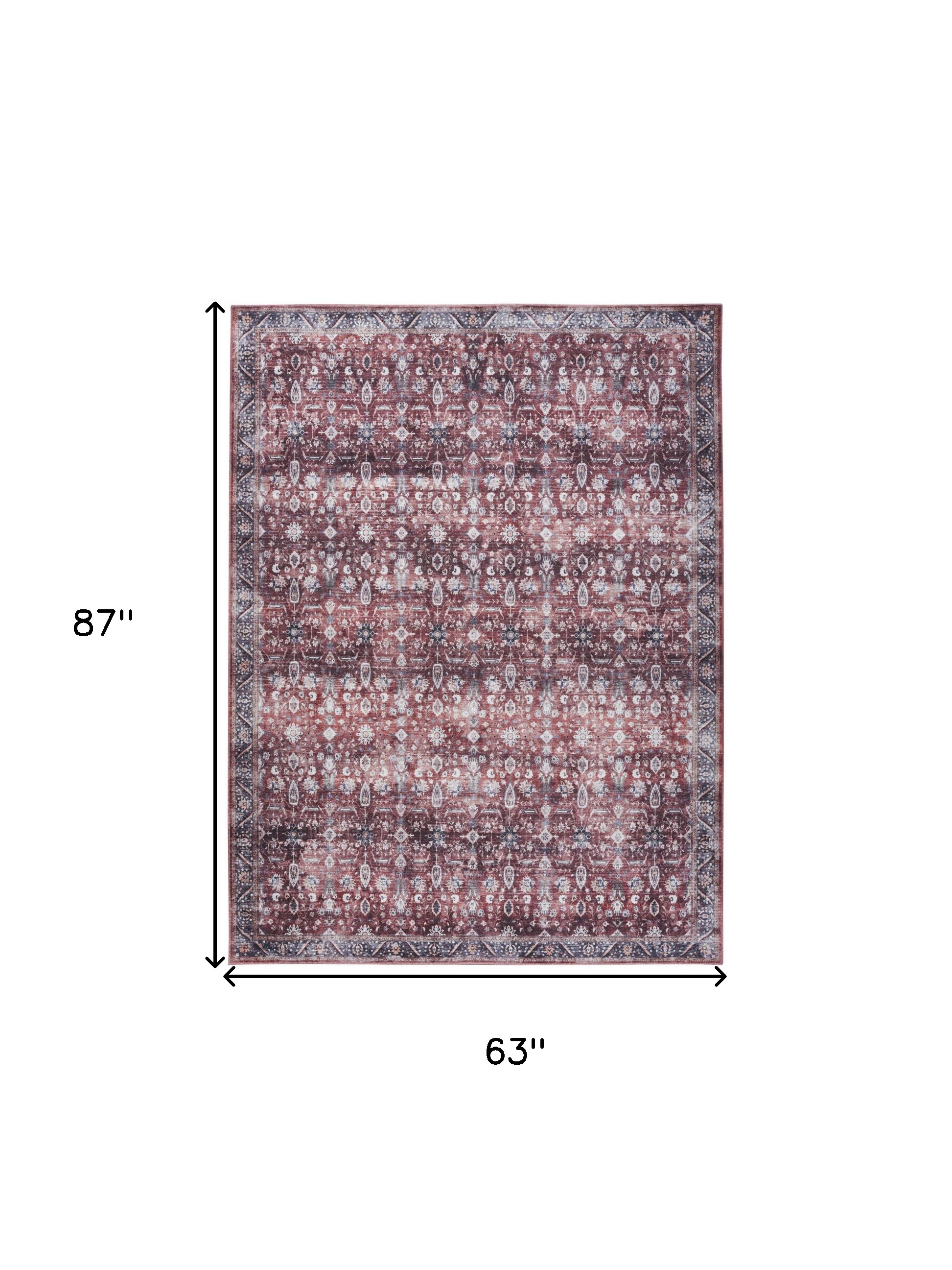 5" X 7" Red and Ivory Oriental Power Loom Distressed Washable Non Skid Area Rug