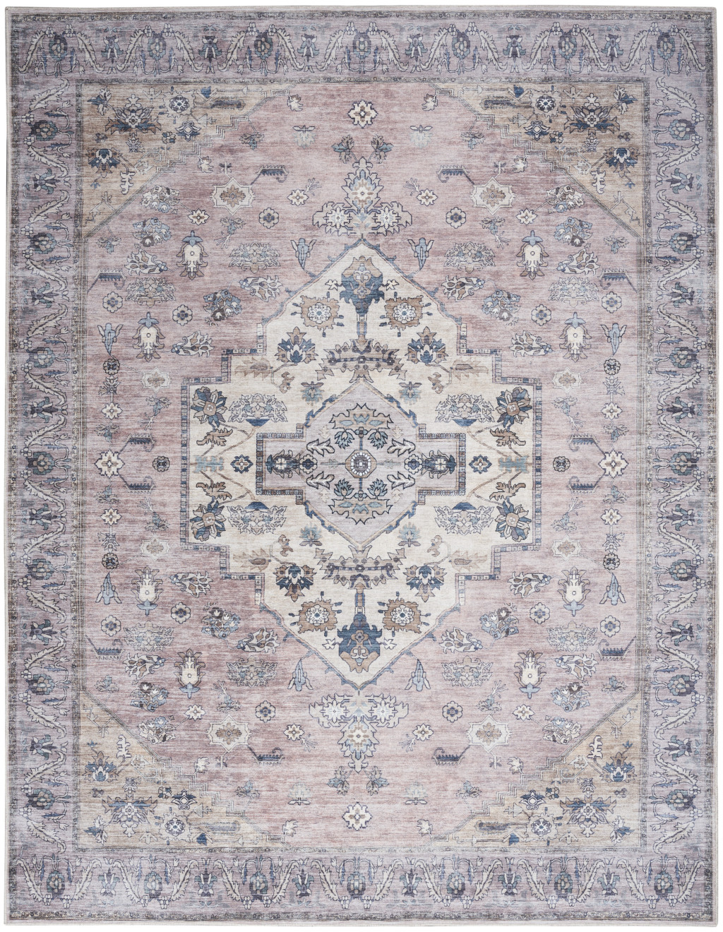 5 x 7 Pink and Blue Oriental Power Loom Distressed Washable Non Skid Area Rug
