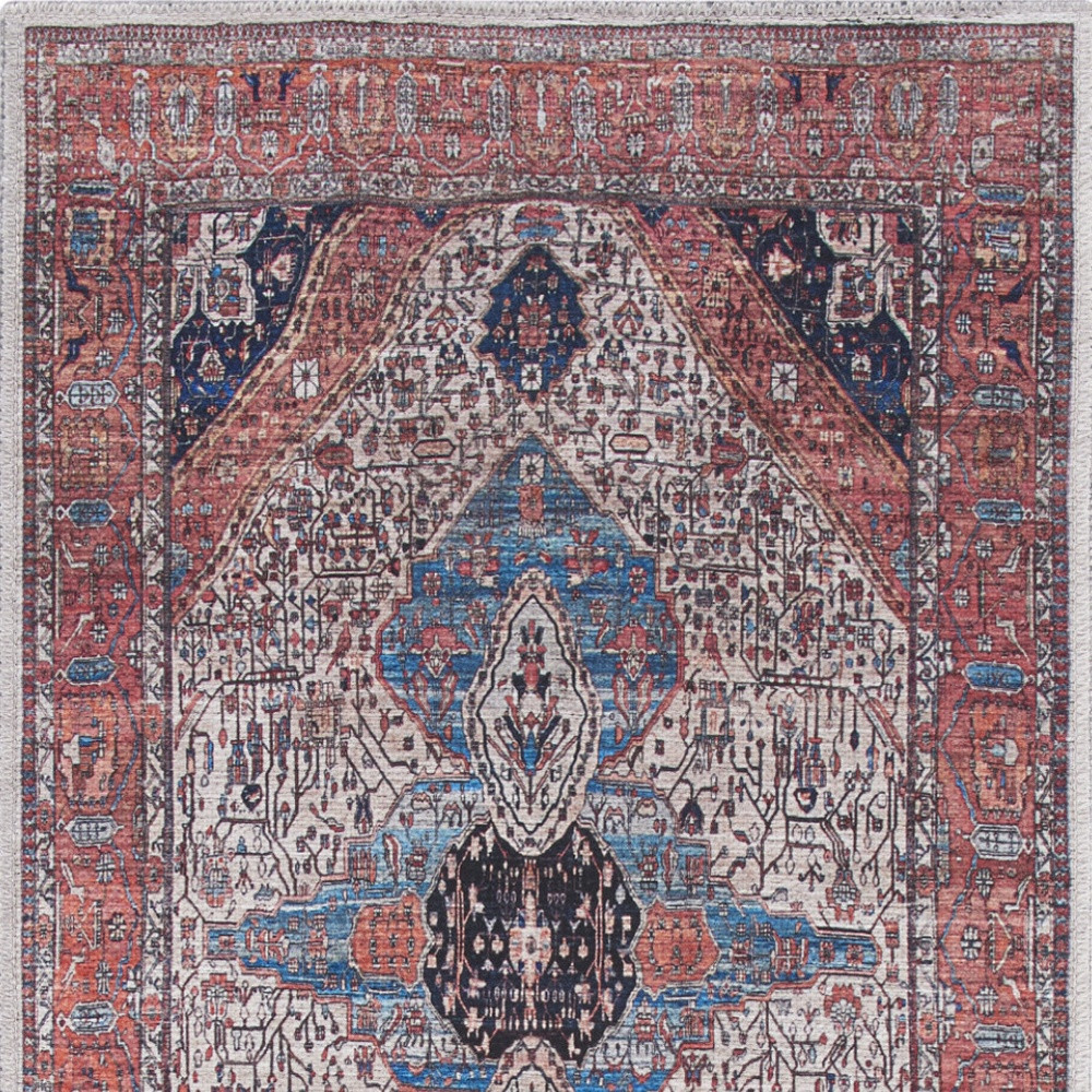 6" Red and Ivory Oriental Power Loom Distressed Washable Non Skid Runner Rug
