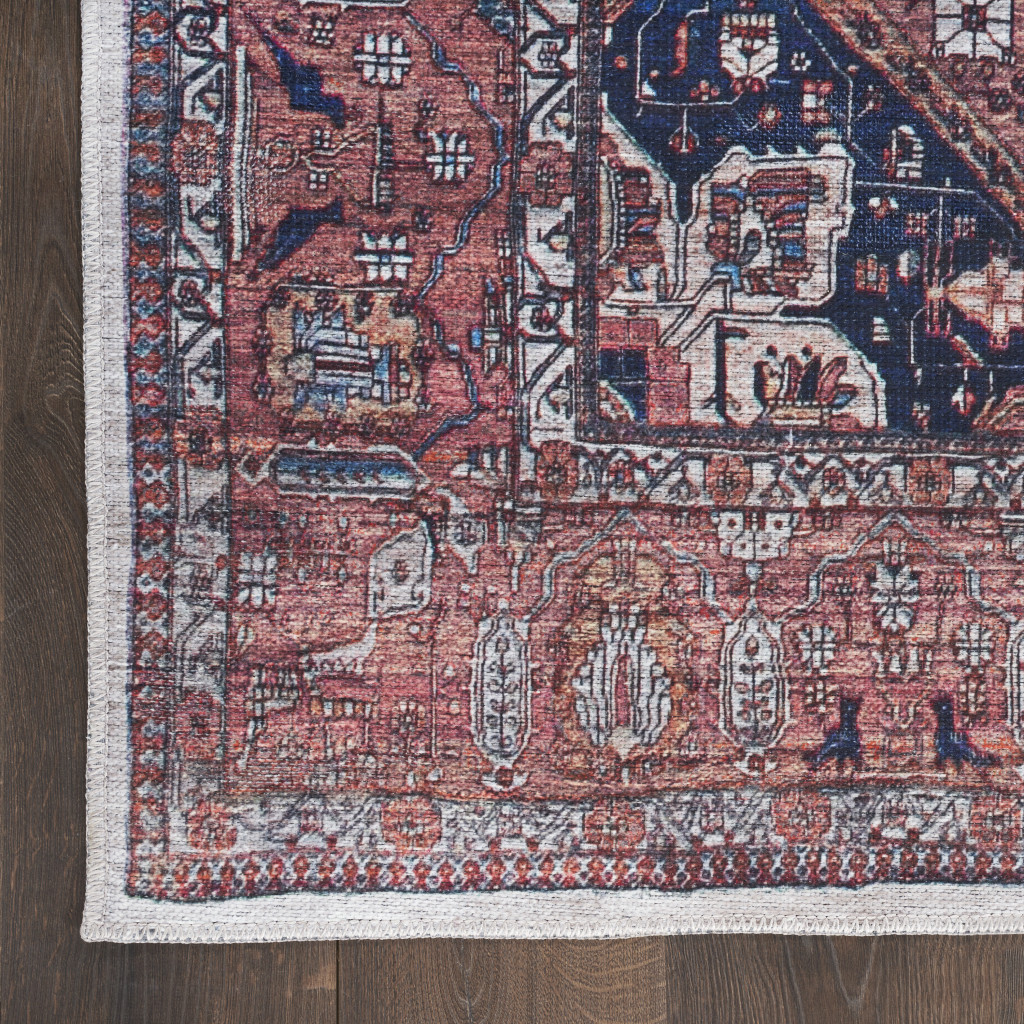 6" Red and Ivory Oriental Power Loom Distressed Washable Non Skid Runner Rug
