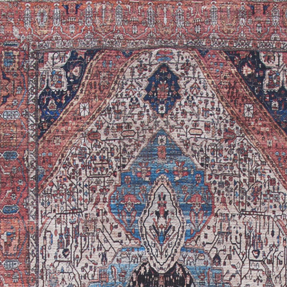 6" Red and Ivory Oriental Power Loom Distressed Washable Non Skid Runner Rug