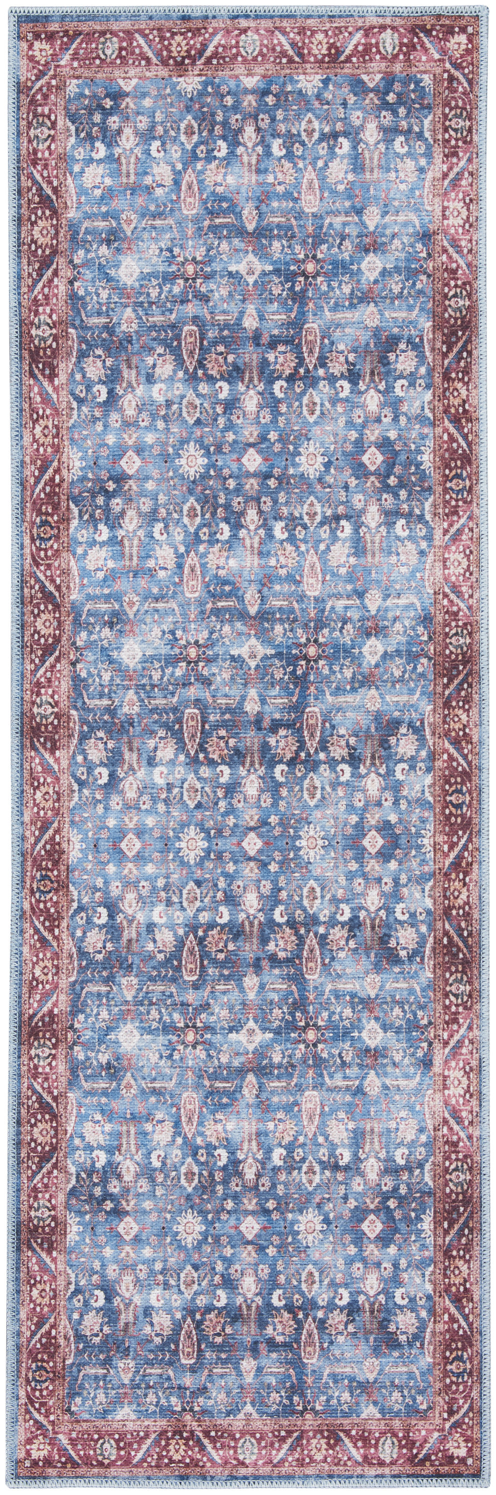 6" Blue and Red Oriental Power Loom Distressed Washable Non Skid Runner Rug