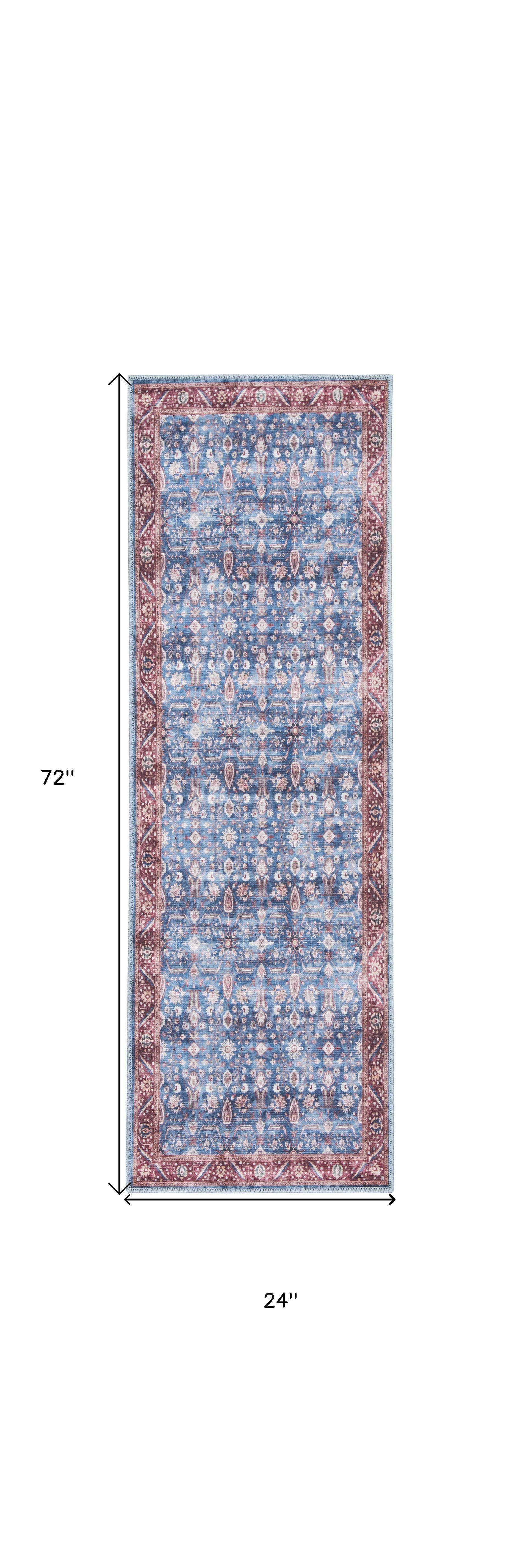 6" Blue and Red Oriental Power Loom Distressed Washable Non Skid Runner Rug