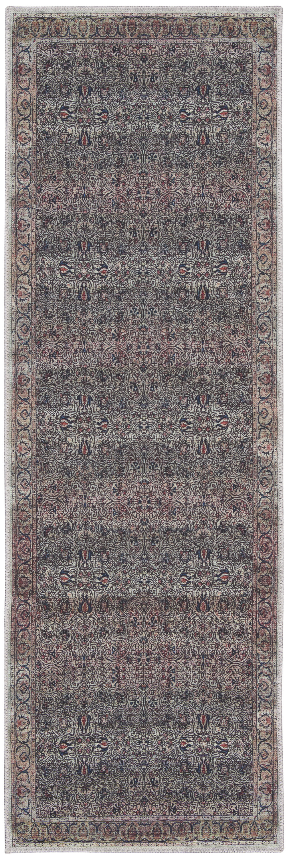 6 Blue and Brown Oriental Power Loom Distressed Washable Non Skid Runner Rug