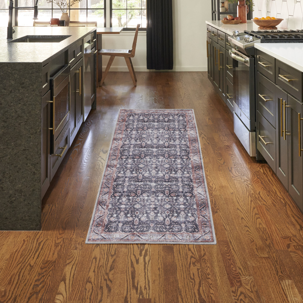6" Blue and Ivory Oriental Power Loom Distressed Washable Non Skid Runner Rug
