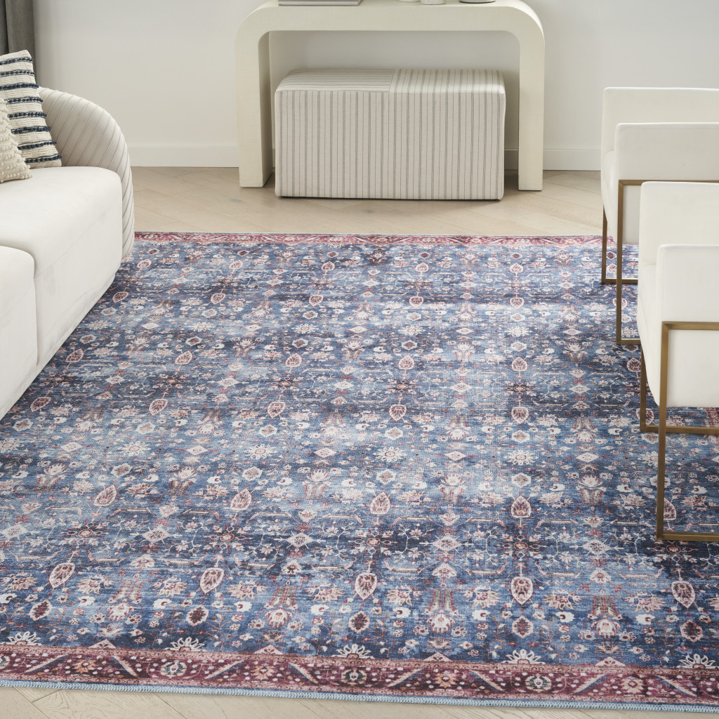 8" X 10" Blue and Red Oriental Power Loom Distressed Washable Non Skid Area Rug