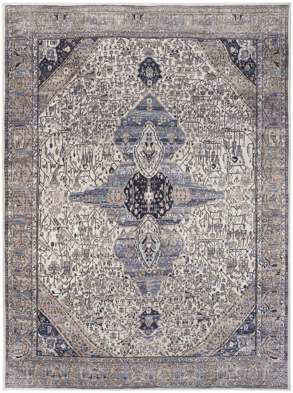 8" X 10" Ivory and Blue Oriental Power Loom Distressed Washable Non Skid Area Rug