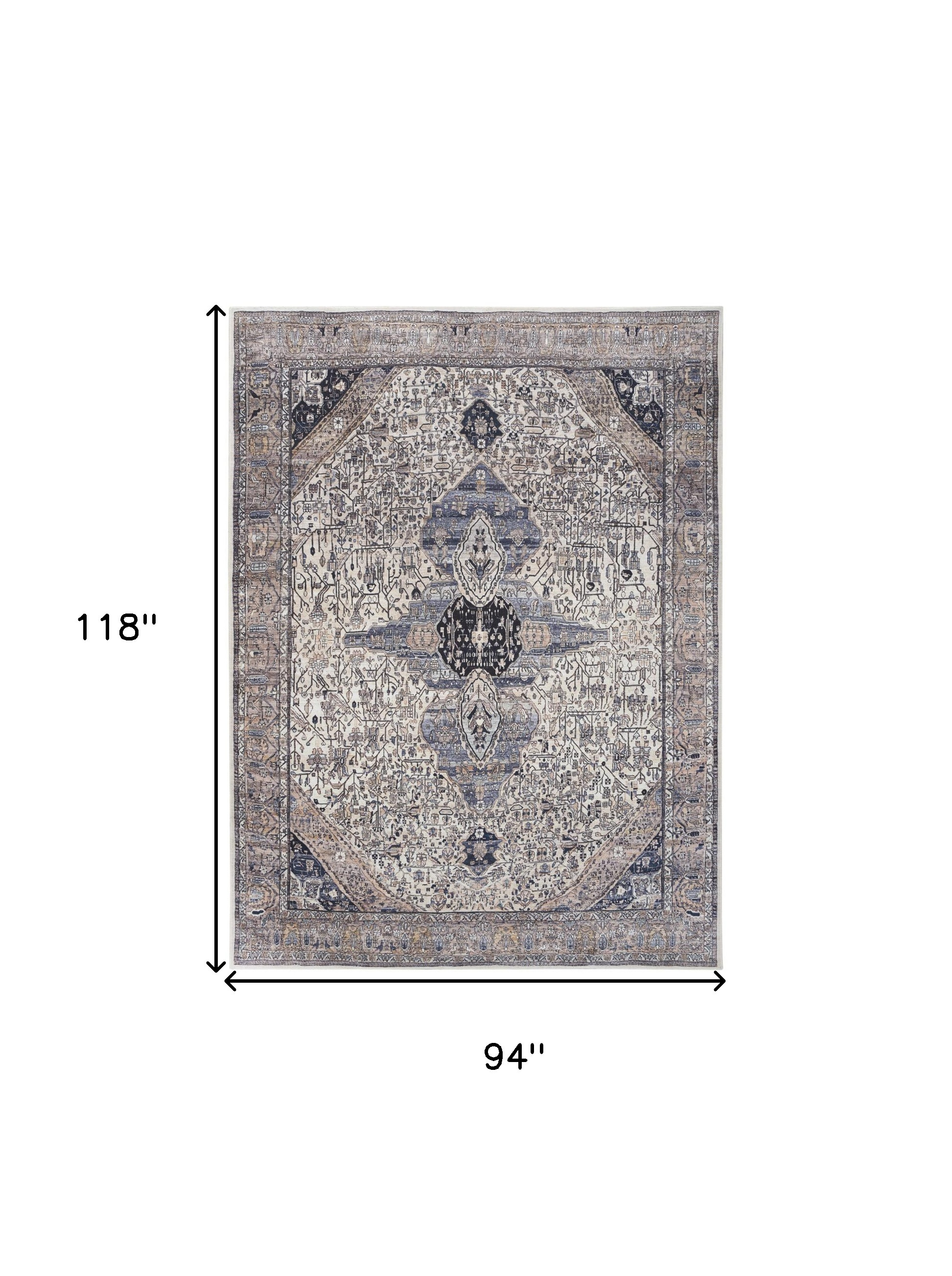 8" X 10" Ivory and Blue Oriental Power Loom Distressed Washable Non Skid Area Rug