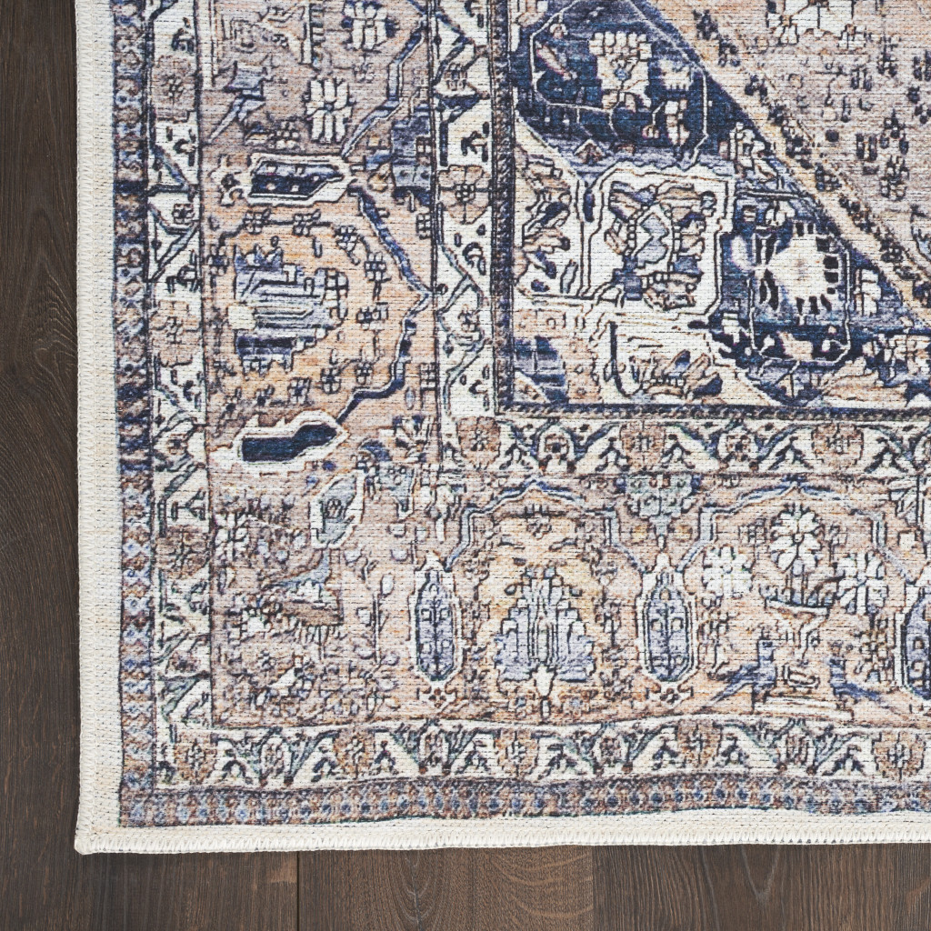 8" X 10" Ivory and Blue Oriental Power Loom Distressed Washable Non Skid Area Rug