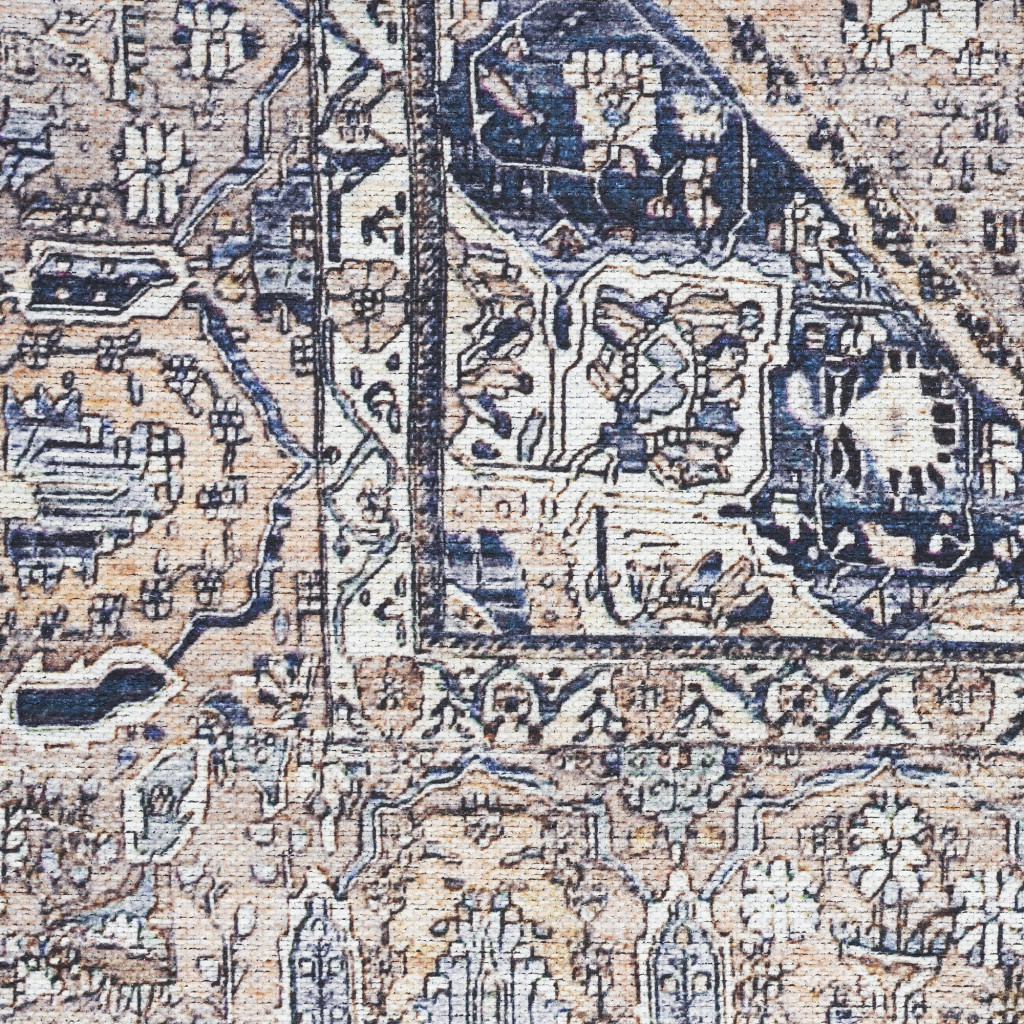 8" X 10" Ivory and Blue Oriental Power Loom Distressed Washable Non Skid Area Rug