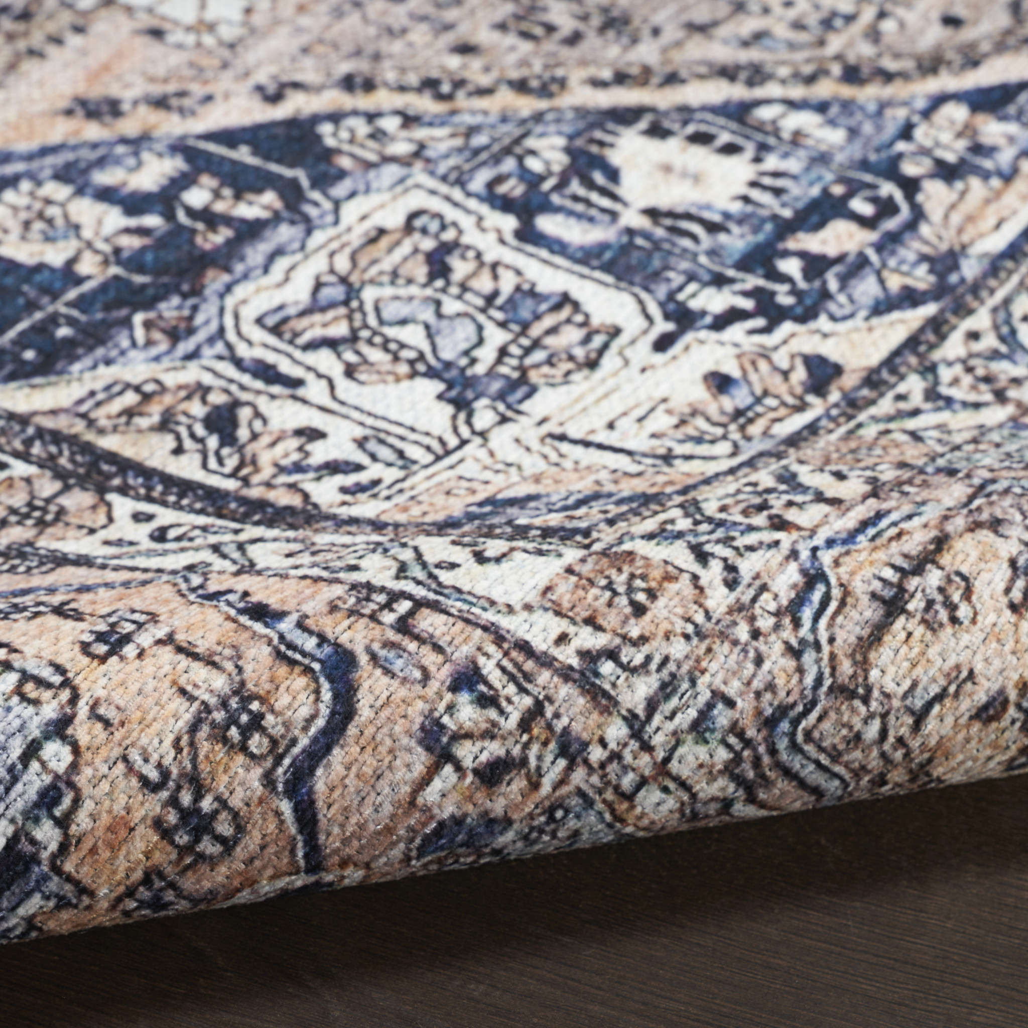 8" X 10" Ivory and Blue Oriental Power Loom Distressed Washable Non Skid Area Rug