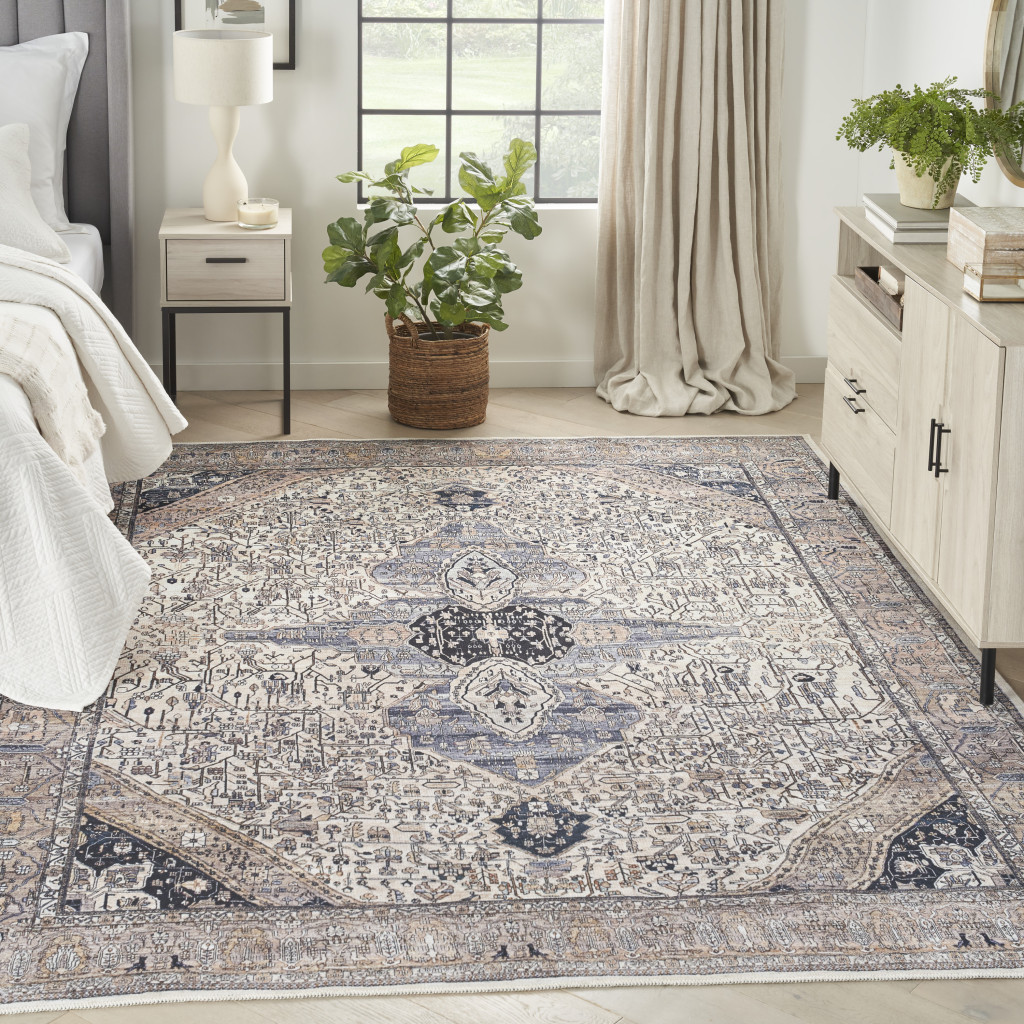 8" X 10" Ivory and Blue Oriental Power Loom Distressed Washable Non Skid Area Rug