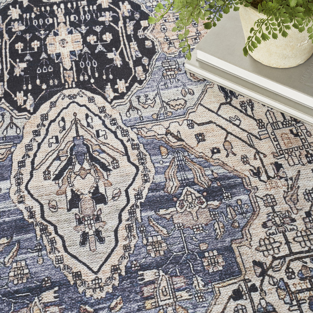 8" X 10" Ivory and Blue Oriental Power Loom Distressed Washable Non Skid Area Rug