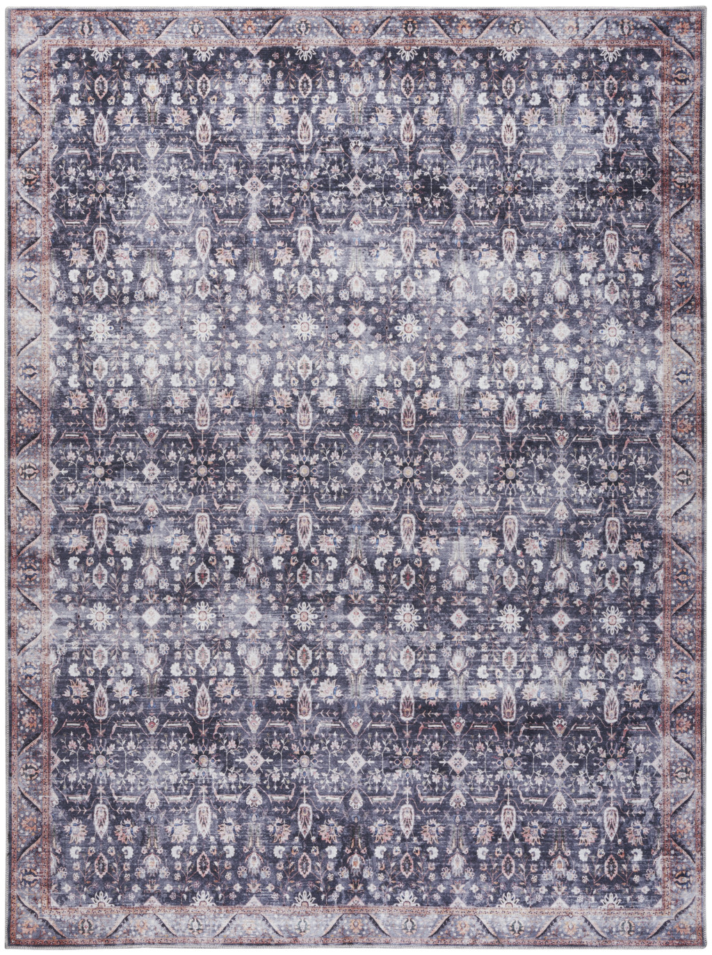 8" X 10" Blue and Ivory Oriental Power Loom Distressed Washable Non Skid Area Rug