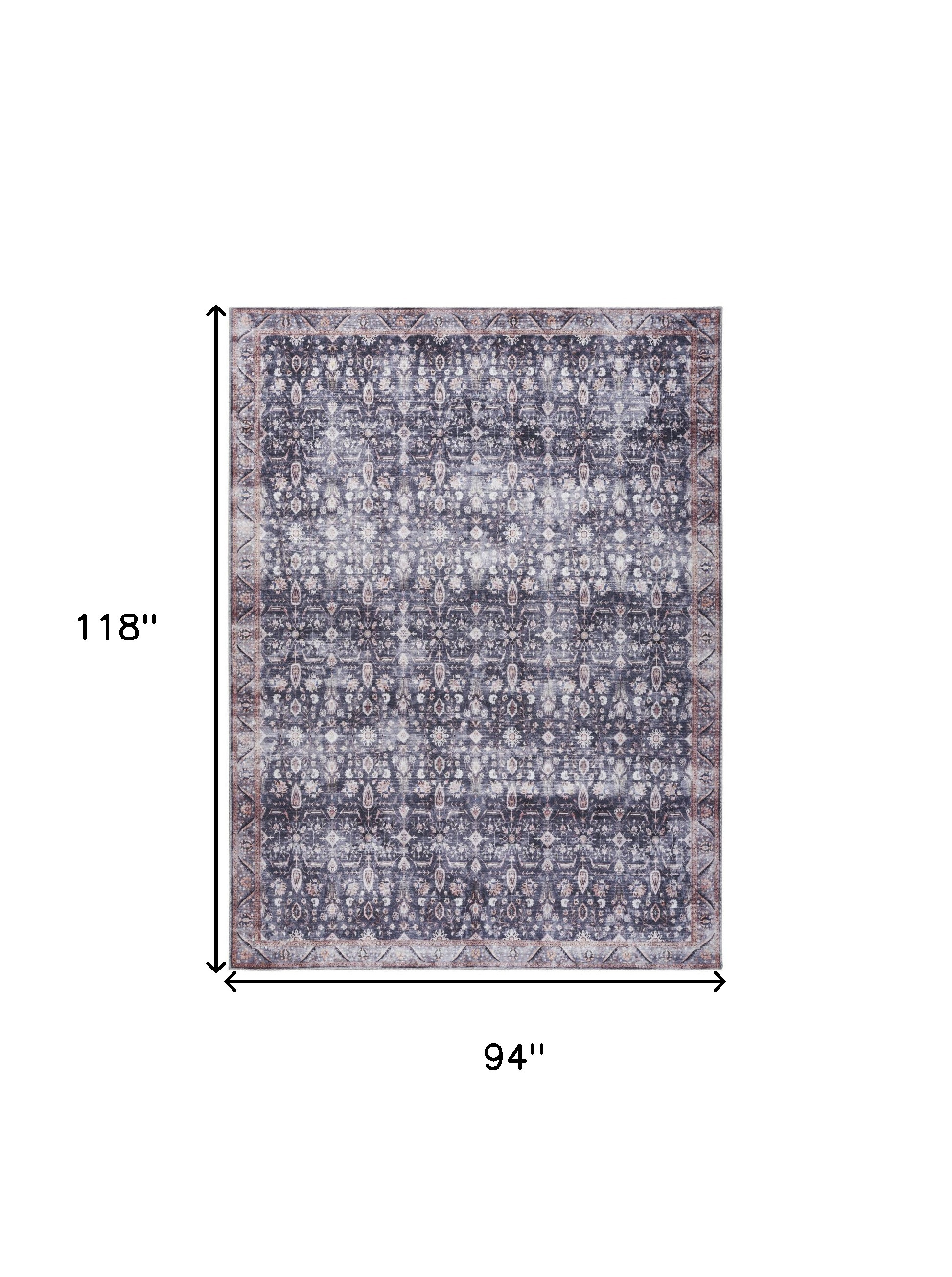 8" X 10" Blue and Ivory Oriental Power Loom Distressed Washable Non Skid Area Rug