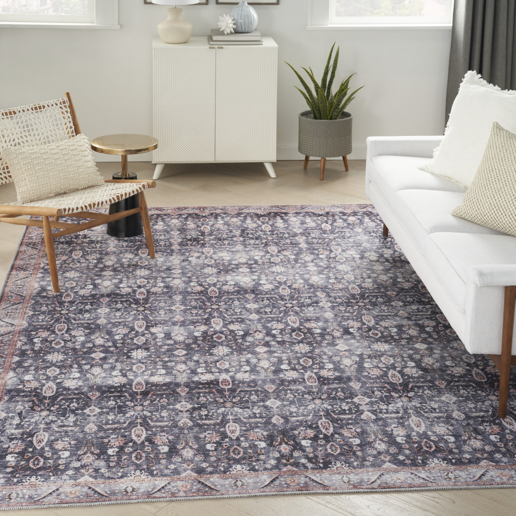 8" X 10" Blue and Ivory Oriental Power Loom Distressed Washable Non Skid Area Rug