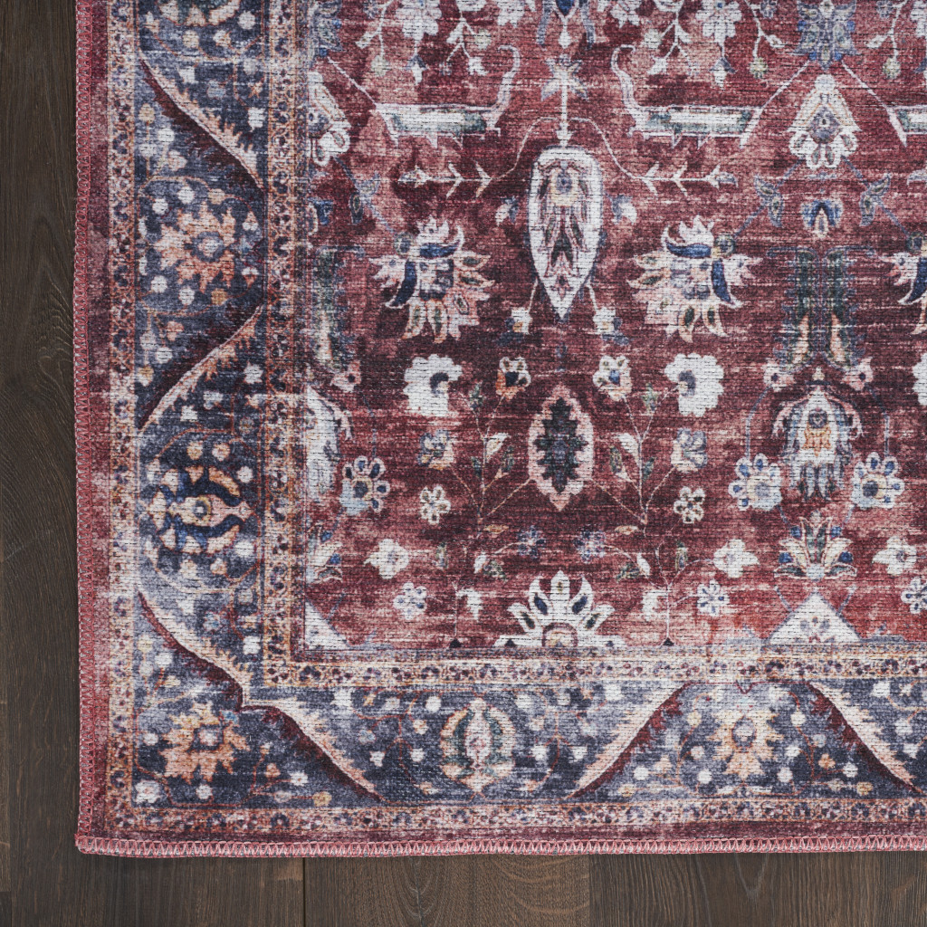 8" X 10" Red and Ivory Oriental Power Loom Distressed Washable Non Skid Area Rug