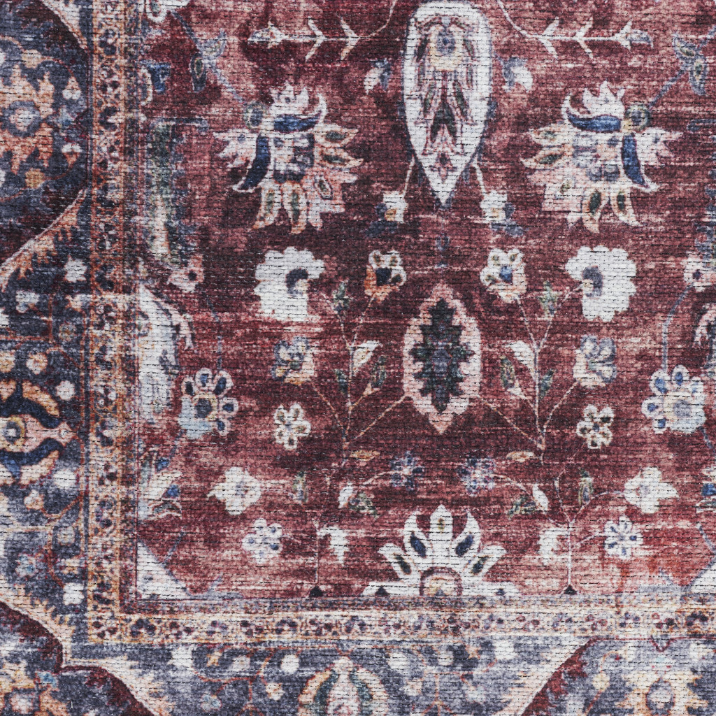 8" X 10" Red and Ivory Oriental Power Loom Distressed Washable Non Skid Area Rug