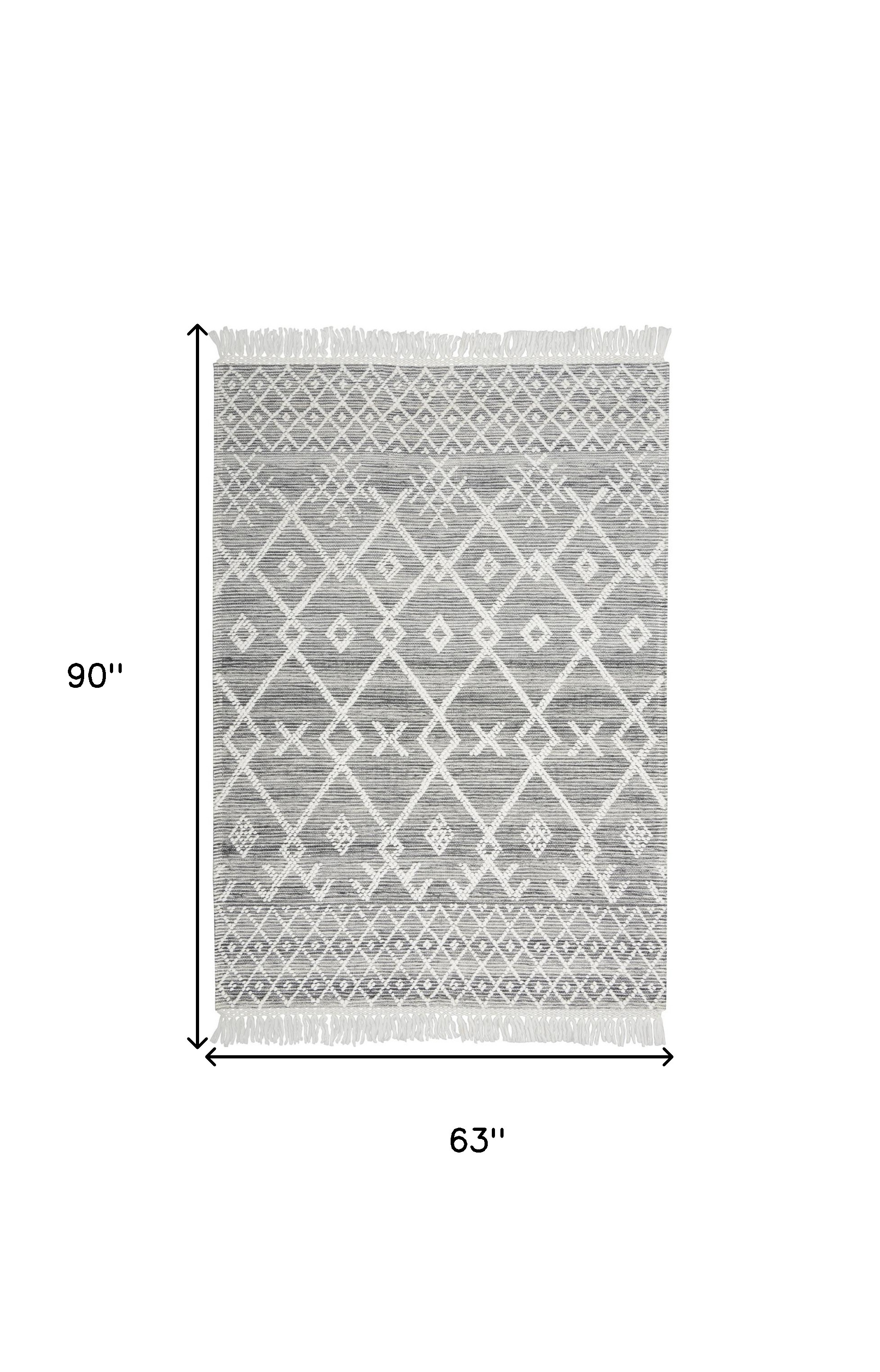 5" X 8" Gray and Ivory Geometric Hand Woven Area Rug With Fringe
