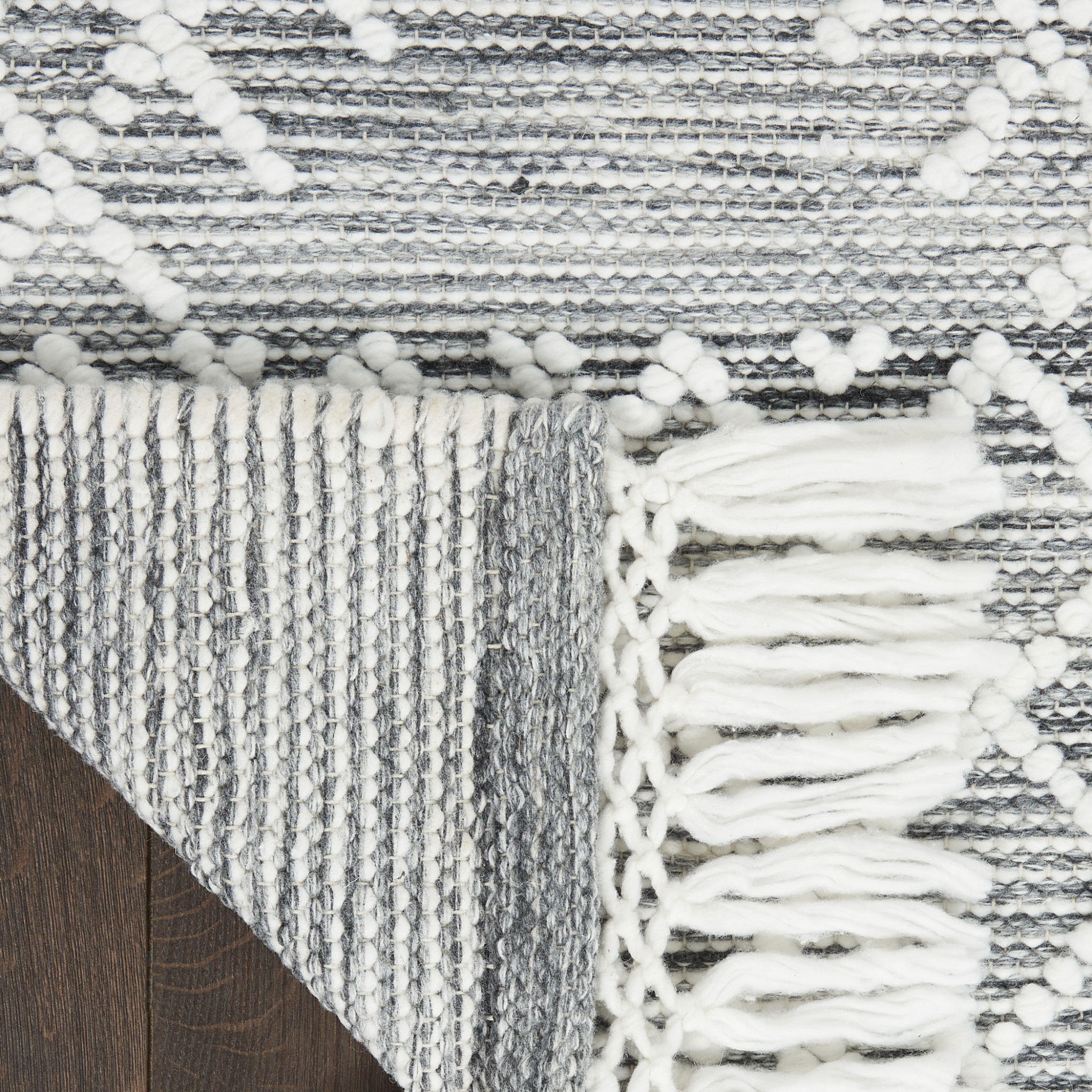 5" X 8" Gray and Ivory Geometric Hand Woven Area Rug With Fringe