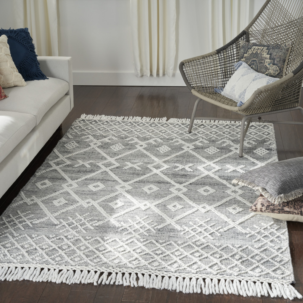 5" X 8" Gray and Ivory Geometric Hand Woven Area Rug With Fringe
