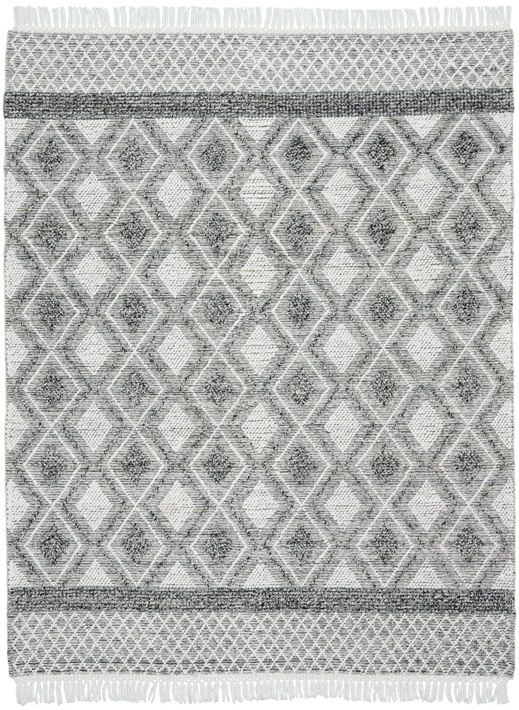 8" X 11" Gray and Ivory Geometric Hand Woven Area Rug With Fringe